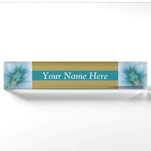 Little Beauty Modern Blue Gold Fractal Art Flower Nameplate
