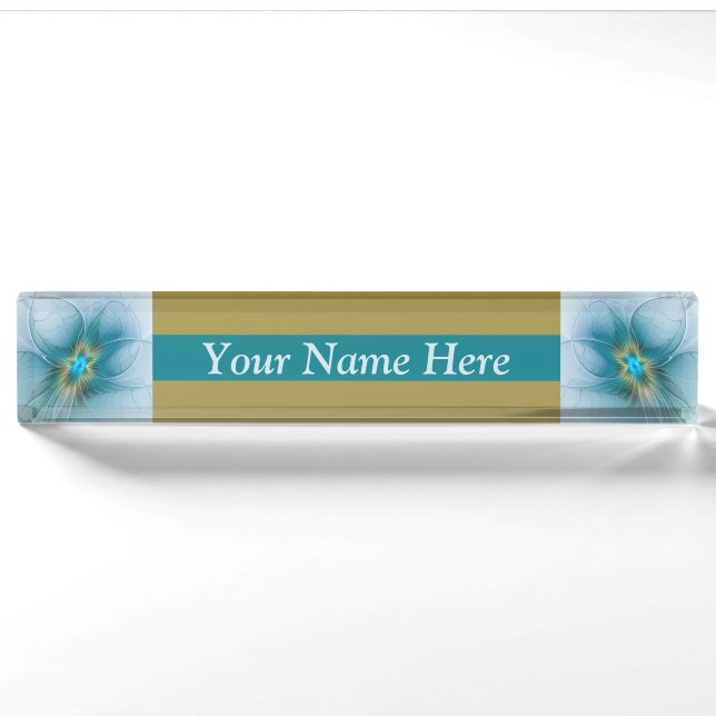 Little Beauty Modern Blue Gold Fractal Art Flower Nameplate (Front)