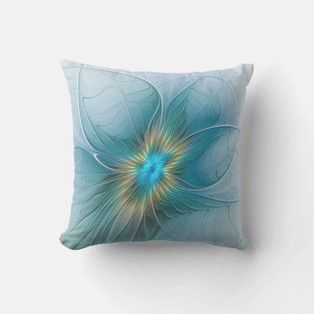 Little Beauty Modern Blue Gold Fractal Art Flower Outdoor Pillow (Front)