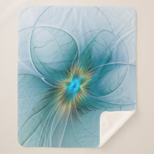 Little Beauty Modern Blue Gold Fractal Art Flower Sherpa Blanket