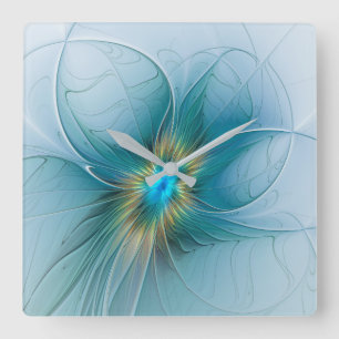 Little Beauty Modern Blue Gold Fractal Art Flower Square Wall Clock