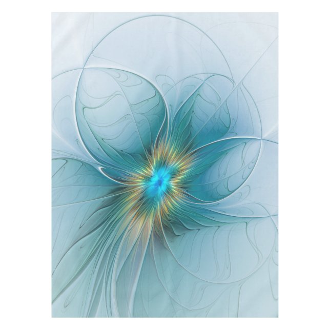 Little Beauty Modern Blue Gold Fractal Art Flower Tablecloth (Front)