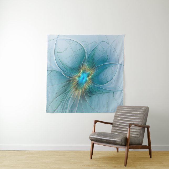 Little Beauty Modern Blue Gold Fractal Art Flower Tapestry (In Situ)