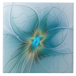 Little Beauty Modern Blue Gold Fractal Art Flower Tile