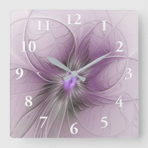 Little Beauty Modern Mauve Gray Fractal Art Flower Square Wall Clock
