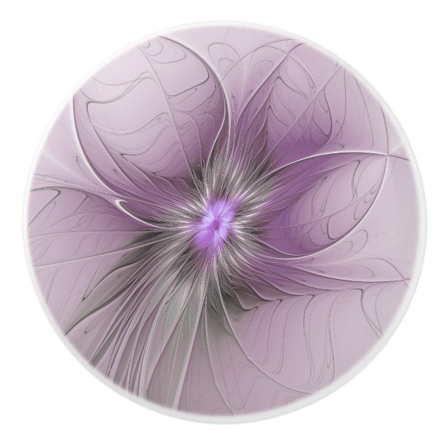 Little Beauty Modern Mauve Grey Fractal Art Flower Ceramic Knob (Front)