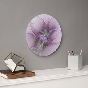 Little Beauty Modern Mauve Grey Fractal Art Flower Large Clock