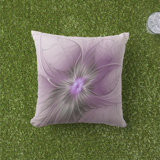 Little Beauty Modern Mauve Grey Fractal Art Flower Outdoor Pillow (Grass)