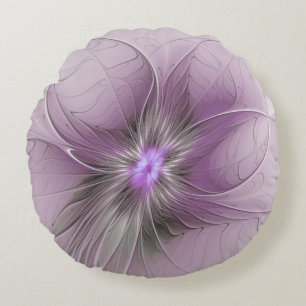 Little Beauty Modern Mauve Grey Fractal Art Flower Round Pillow