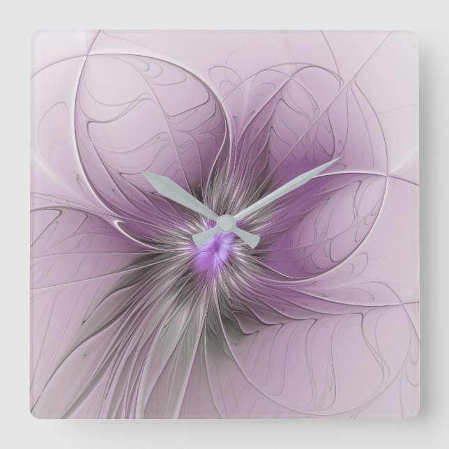 Little Beauty Modern Mauve Grey Fractal Art Flower Square Wall Clock (Front)