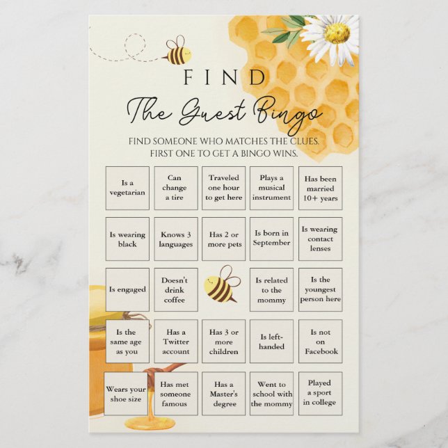 Little Bee Baby Shower Bingo Game (Front)