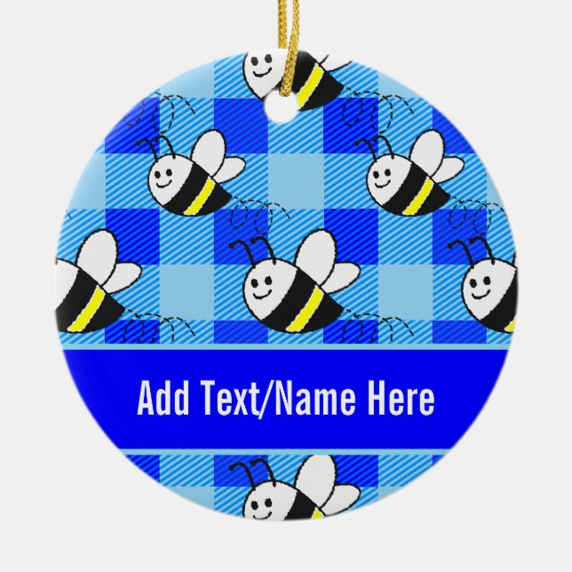 Little Bee Blue Plaid Pattern Custom Name Ceramic Ornament (Front)