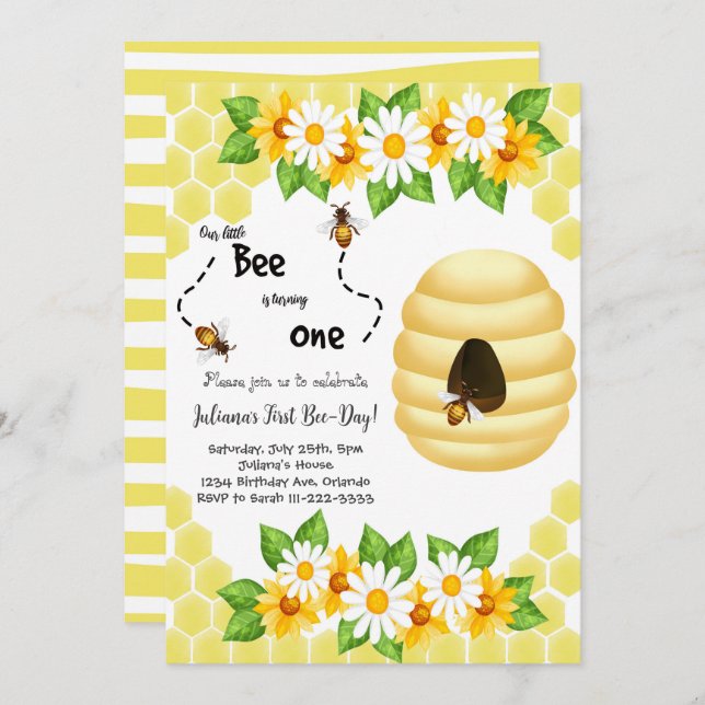 Little Bee First Bee-Day 1st Birthday Invitation (Front/Back)