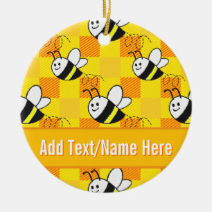 Little Bee Yellow and Orange Plaid Custom Name Ceramic Ornament