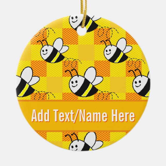 Little Bee Yellow and Orange Plaid Custom Name Ceramic Ornament (Front)