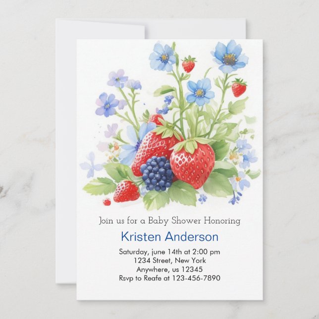 Little Berry's Blue Adventure Boy Baby Shower Invitation (Front)