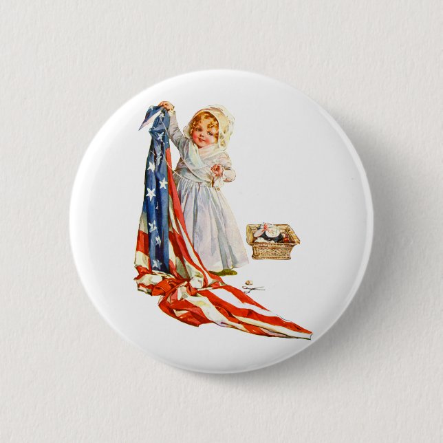 Little Betsy Ross and the America Flag 2 Inch Round Button (Front)