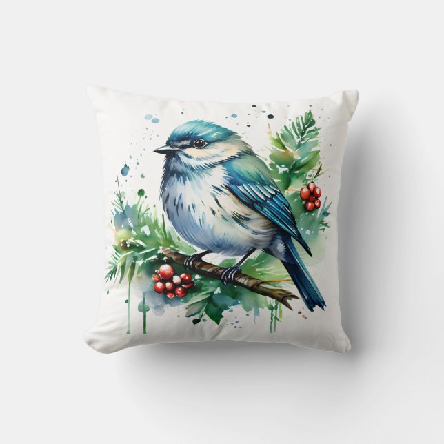 Little Bird and Christmas Greens Throw Pillow (Front)
