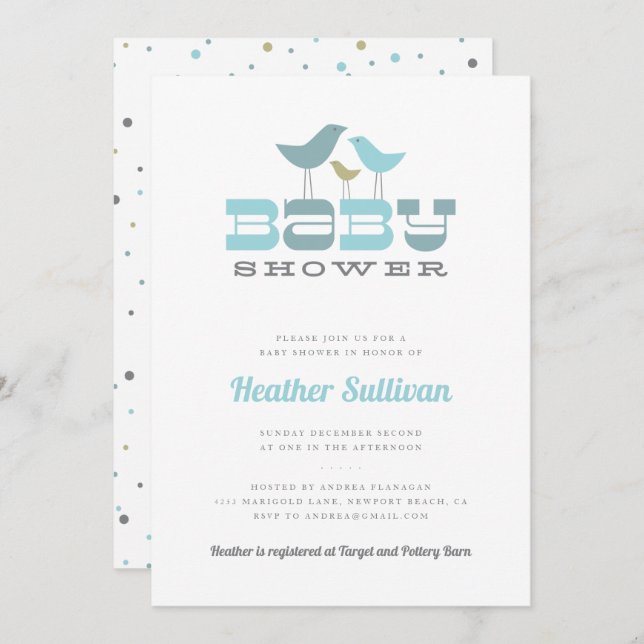 Little Bird Baby Shower Invitation - Blue (Front/Back)