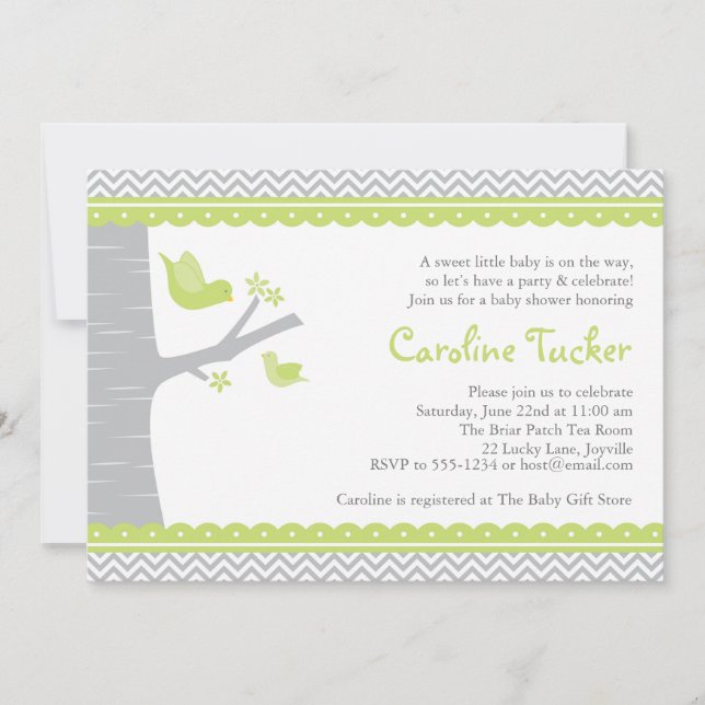 Little Bird Baby Shower Invitation, Green and Grey Invitation (Front)