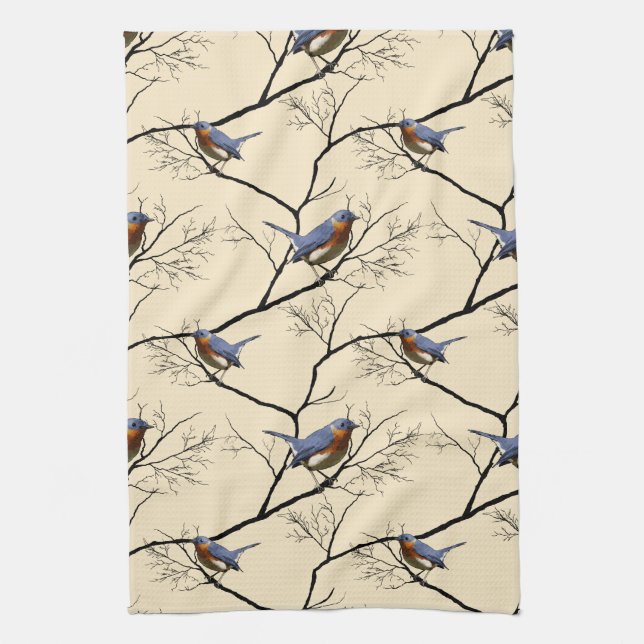 Little Bird Blue, patterned kitchen towel (Vertical)