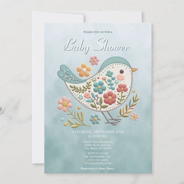 Little Bird Blue Pink Flowers Baby Shower Invitation (Front)