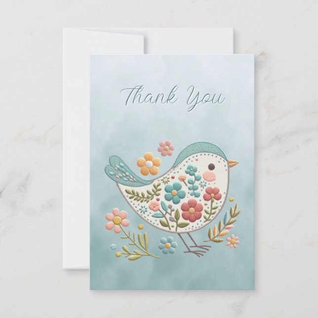 Little Bird Blue Pink Flowers Thank You Card (Front)