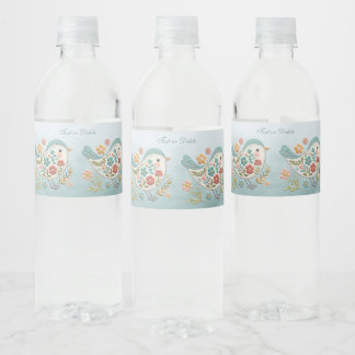 Little Bird Blue Pink Flowers Water Bottle Label