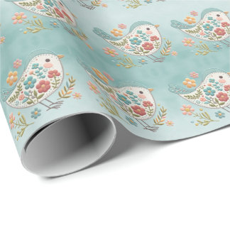 Little Bird Blue Pink Flowers Wrapping Paper