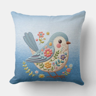 Little Bird Floral Blue Throw Pillow