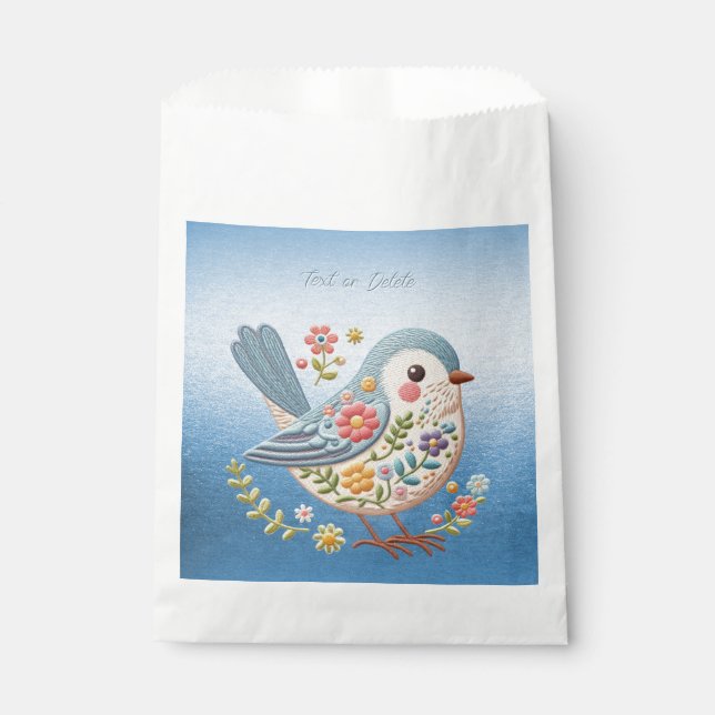 Little Bird Floral Embroidery Blue Favour Bags (Front)