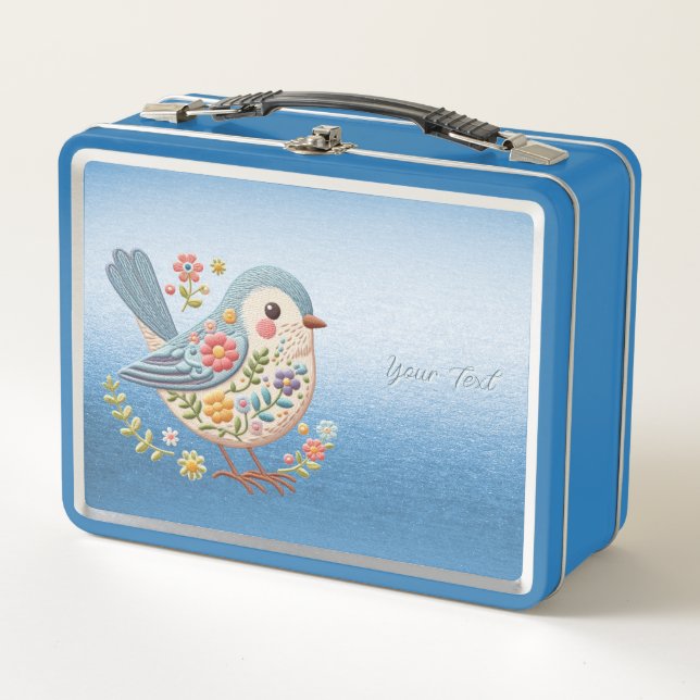 Little Bird Floral Embroidery Blue Metal Lunch Box (Front)