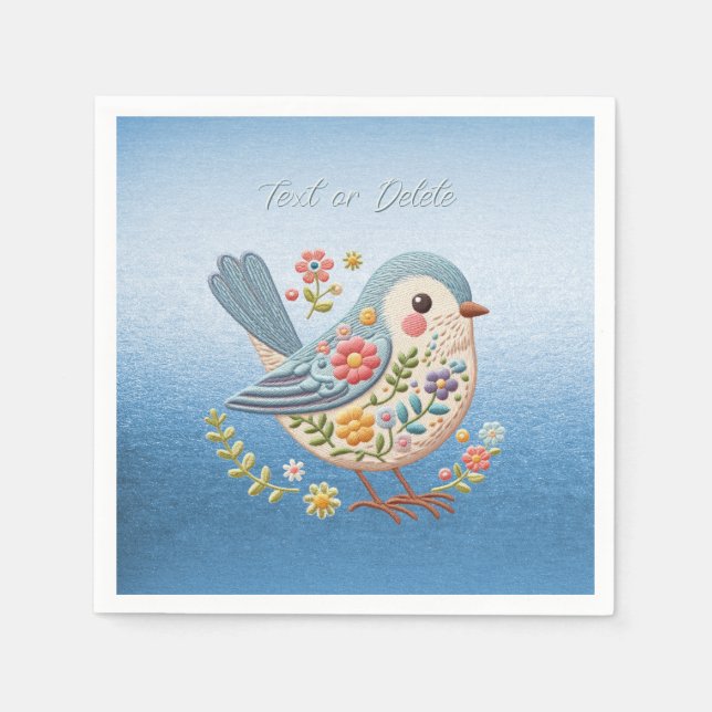 Little Bird Floral Embroidery Blue Napkins (Front)