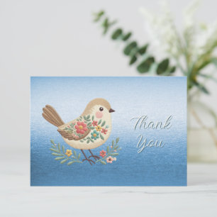 Little Bird Floral Embroidery Blue Thank You Card