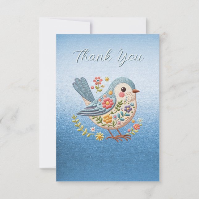 Little Bird Floral Embroidery Blue Thank You Card (Front)