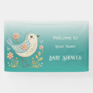 Little Bird Floral Embroidery Green Baby Shower Banner