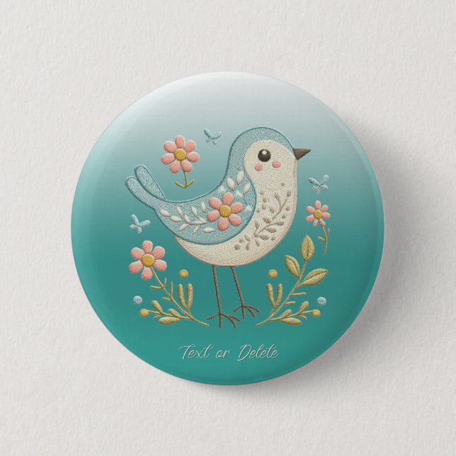 Little Bird Floral Embroidery Green Button (Front)