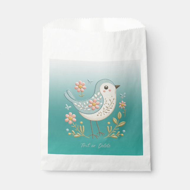 Little Bird Floral Embroidery Green Favour Bags (Front)