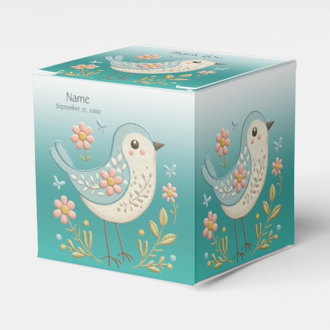 Little Bird Floral Embroidery Green Favour Box (Front Side)
