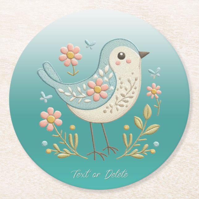 Little Bird Floral Embroidery Green Paper Coaster (Front)