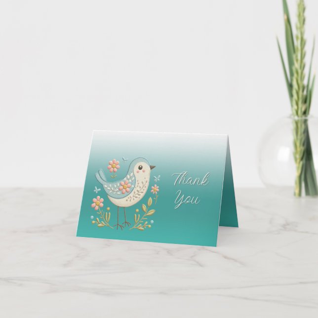 Little Bird Floral Embroidery Green Thank You Card (Front)
