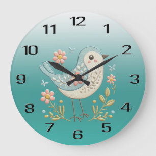 Little Bird Floral Embroidery Green Wall Clock