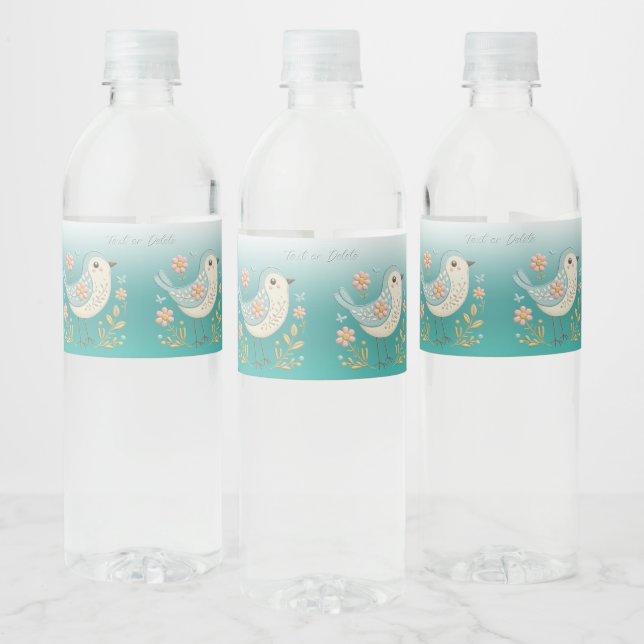 Little Bird Floral Embroidery Green Water Bottle Label (Bottles)