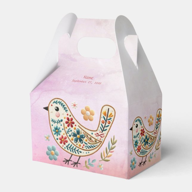 Little Bird Floral Embroidery Pink Favour Box (Front Side)