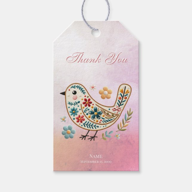Little Bird Floral Embroidery Pink Gift Tag (Front)