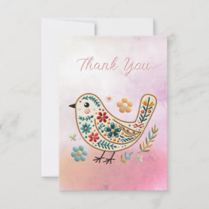 Little Bird Floral Embroidery Pink Thank You Card