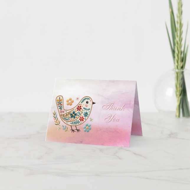 Little Bird Floral Embroidery Pink Thank You Card (Front)