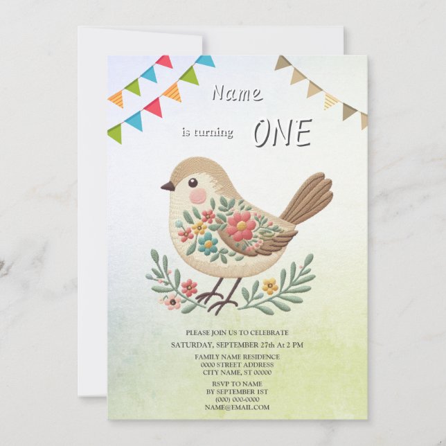 Little Bird Floral Gold Birthday Party Invitation (Front)