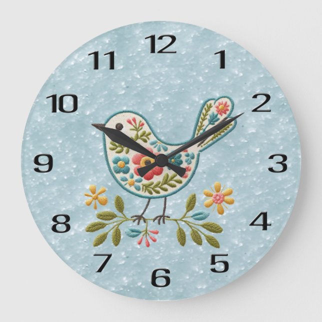 Little Bird Floral Green Leaves Wall Clock (Front)