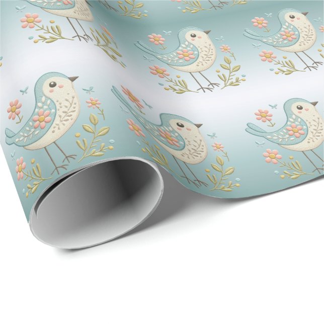Little Bird Floral Green Wrapping Paper (Roll Corner)